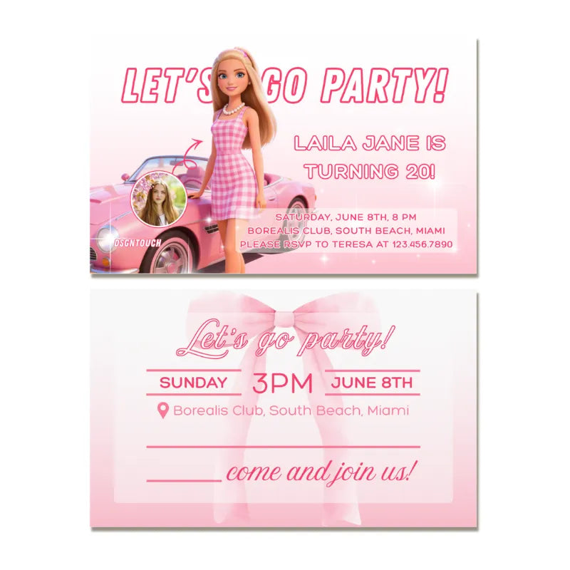 Pink Miami beach party birthday card – free design service for custom text and layout