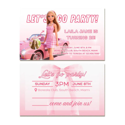 Pink Miami beach party birthday card – free design service for custom text and layout