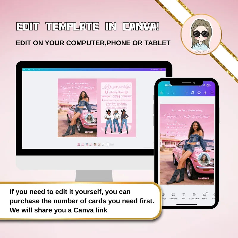 Pink birthday card editable in Canva, edit on computer/phone/tablet, 10x15cm size, 300g paper, free design template after purchase