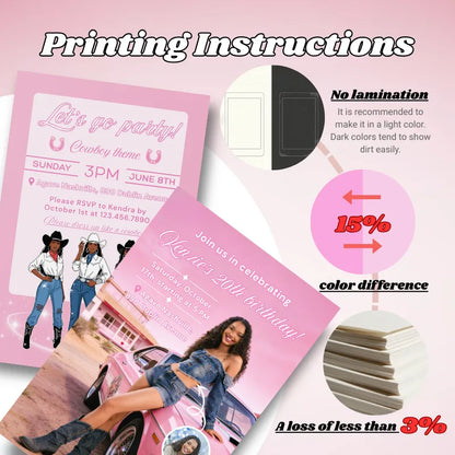 Printing guide for pink birthday cards, 10x15cm size, 300g paper, includes lamination, color difference and paper loss details, free design template