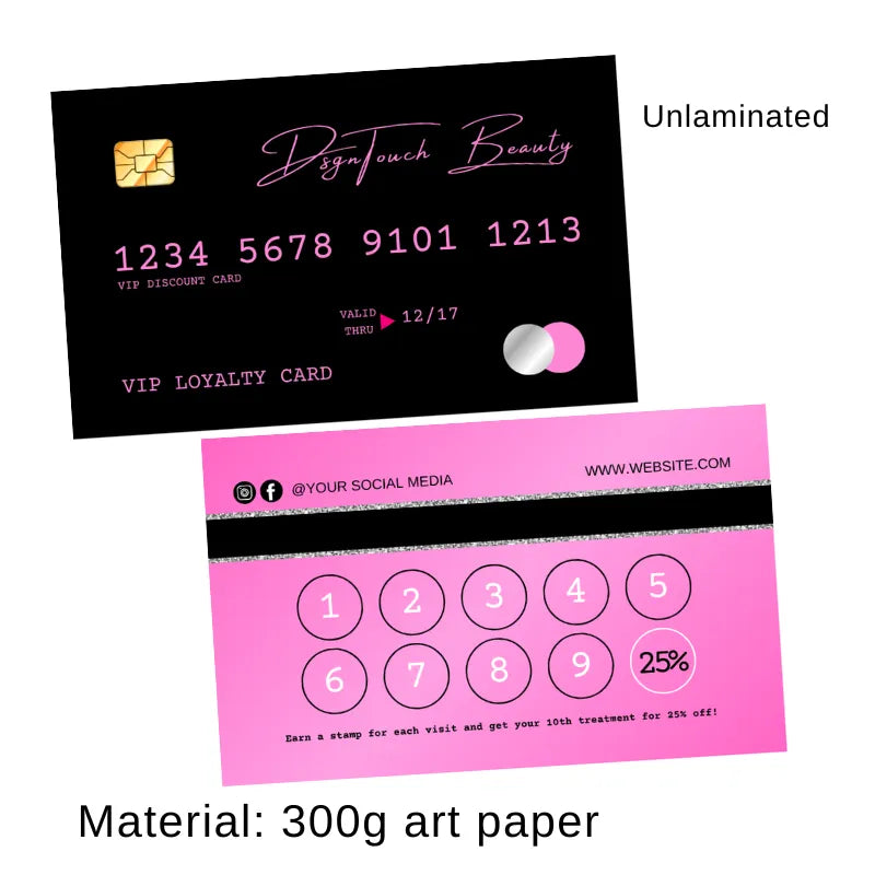 Pink + black beauty VIP loyalty card (300g art paper, unlaminated): includes 10-visit 25% off reward, social media links, and business website.