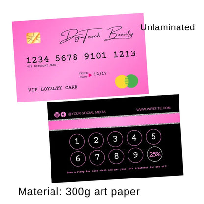 Unlaminated beauty VIP loyalty card template (pink + black): features 10-visit stamp slots (25% off perk), social links, and 300g art paper material.
