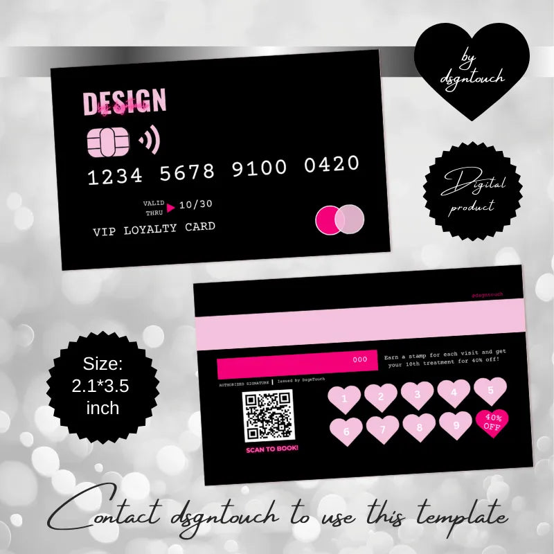 Bold pink-and-black VIP loyalty card template (2.1x3.5 inch) for businesses: features credit-card-style design, 10-visit reward stamp slots (40% off on 10th visit), and a QR code for booking.