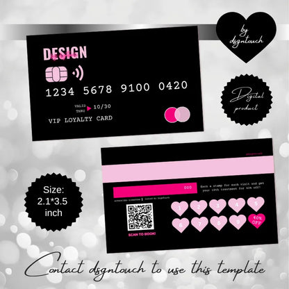 Bold pink-and-black VIP loyalty card template (2.1x3.5 inch) for businesses: features credit-card-style design, 10-visit reward stamp slots (40% off on 10th visit), and a QR code for booking.