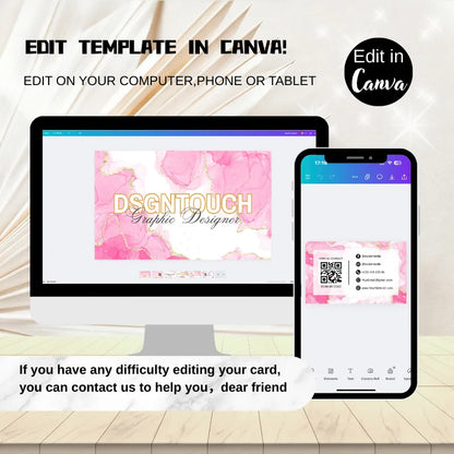 Easy tutorial on how to edit your Pink Business Card Template in Canva on any device.