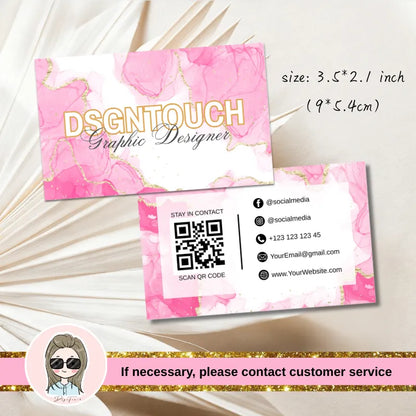 Elegant Business Cards by DSGNTOUCH featuring glossy lamination and vibrant pink design.