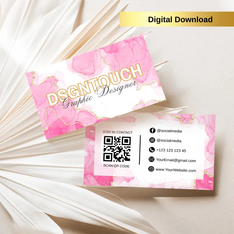 Modern Pink Business Card Template with QR Code and social media icons, editable in Canva.