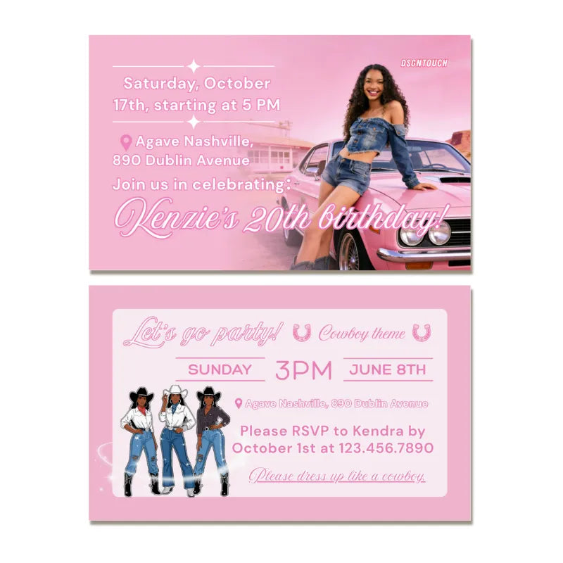 Pink cowboy theme birthday invitation – editable with free design assistance