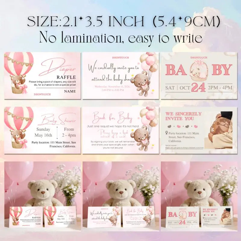 Printable Baby Shower Invitations design featuring cute teddy bears and balloons, 2.1" x 3.5" cards, easy to write.