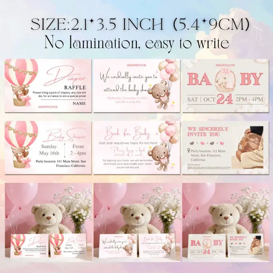 Printable Baby Shower Invitations design featuring cute teddy bears and balloons, 2.1" x 3.5" cards, easy to write.