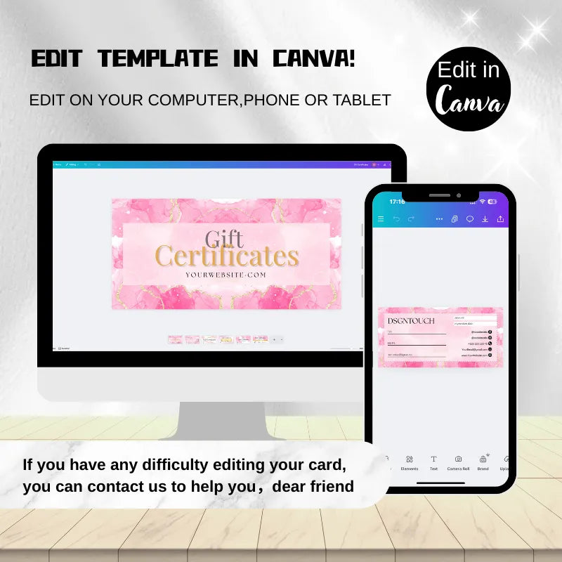 Edit pink gift certificate templates in Canva on computer & phone, digital download.