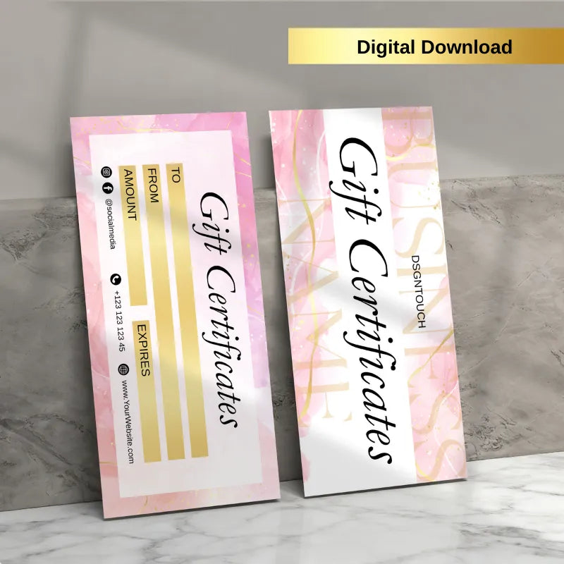 Light pink & gold marble gift certificate template, digital download for Canva.
