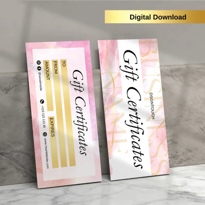 Light pink & gold marble gift certificate template, digital download for Canva.