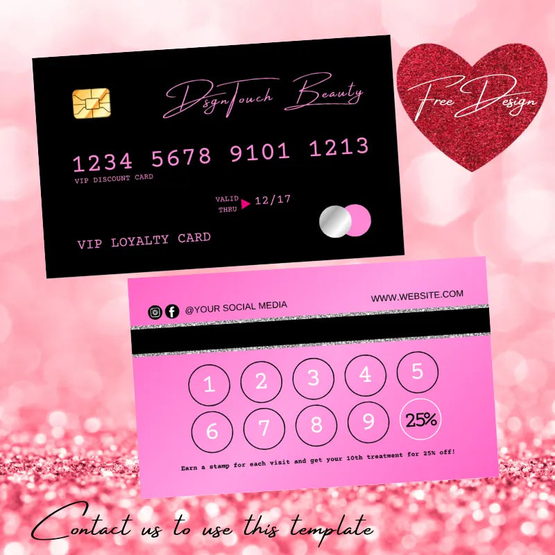 Beauty VIP loyalty card template (black + pink glitter design): includes 10-visit stamp slots (25% off reward), social media links, and "free design" badge; by DsgnTouch.