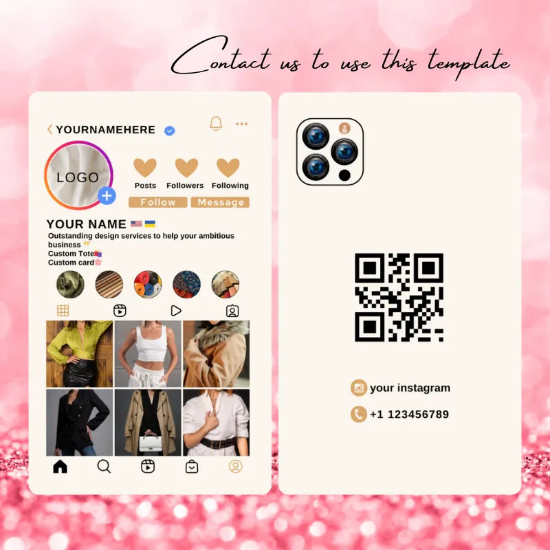 Pink glitter fashion brand Instagram profile template: features a custom logo, custom tote/card service previews, and a QR code contact card.