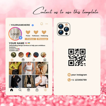 Pink glitter fashion brand Instagram profile template: features a custom logo, custom tote/card service previews, and a QR code contact card.