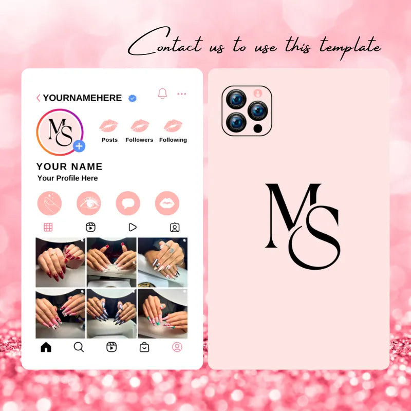 Instagram profile template for nail artists (pink glitter background): features a custom logo, service icons, and nail art portfolio previews; paired with a matching phone case design.