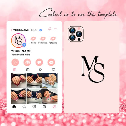 Instagram profile template for nail artists (pink glitter background): features a custom logo, service icons, and nail art portfolio previews; paired with a matching phone case design.