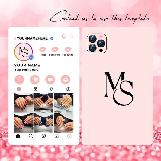 Instagram profile template for nail artists (pink glitter background): features a custom logo, service icons, and nail art portfolio previews; paired with a matching phone case design.