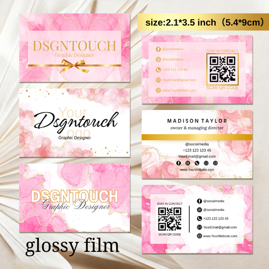 A collection of three elegant pink business card designs with a high-gloss finish, showcasing different layout options from DSGNTOUCH.