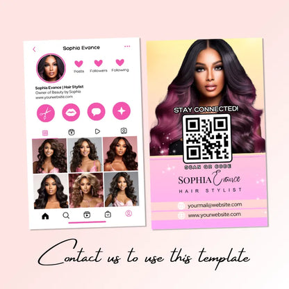 Pink-themed hair stylist template (Instagram profile + business card): features "STAY CONNECTED" QR code, hair portfolio, and contact info; text "Contact us to use this template".