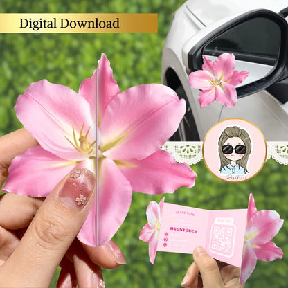 Flower Shaped Business Cards featuring a pink floral design and hands holding the card against a car background.