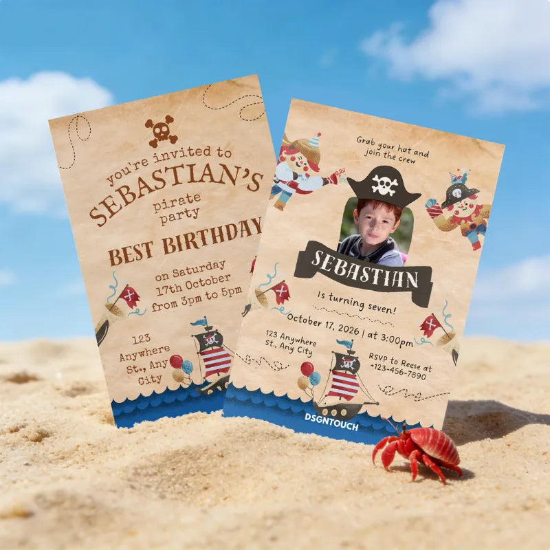 Birthday Card Kid custom nautical themed invitation for a pirate birthday party featuring a child's photo.