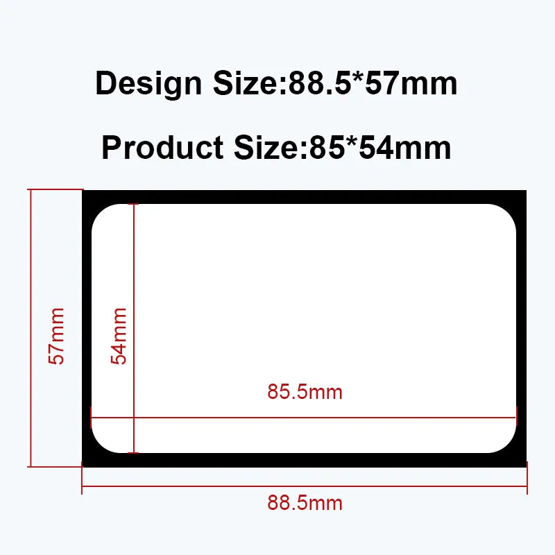 Size specification diagram for a plastic card: design size (88.557mm) and product size (8554mm), with labeled dimensions.