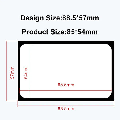 Size specification diagram for a plastic card: design size (88.557mm) and product size (8554mm), with labeled dimensions.