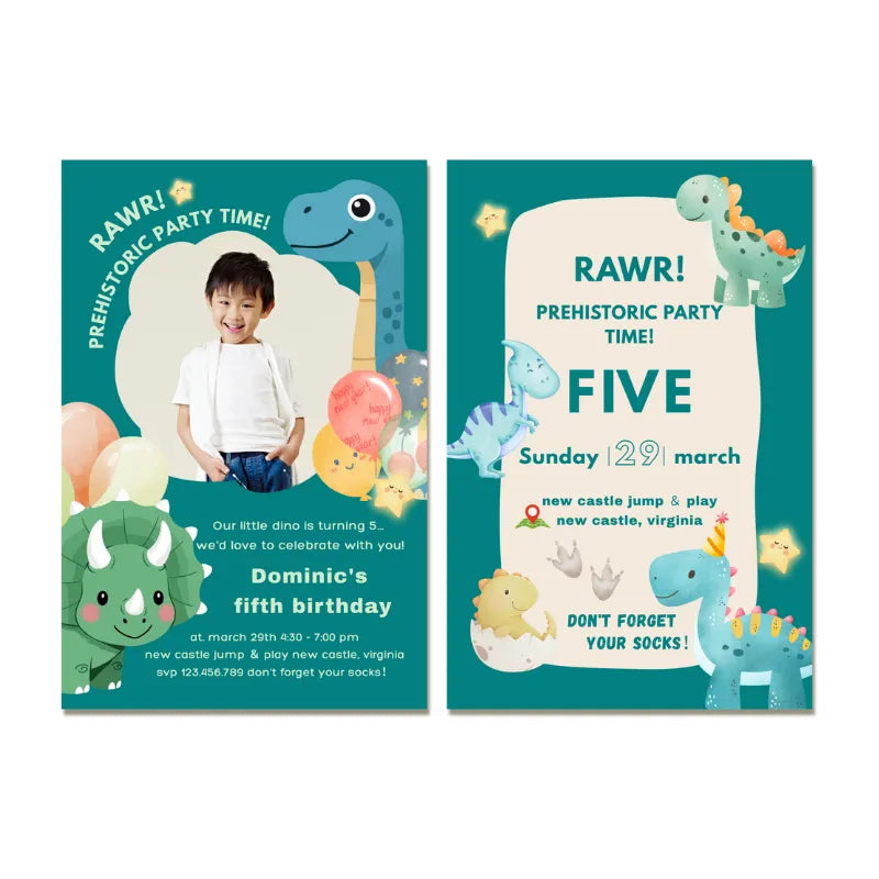 Prehistoric dinosaur birthday card invitation for boys. Explore our themes or get a free custom design for a sailaway nautical birthday party.