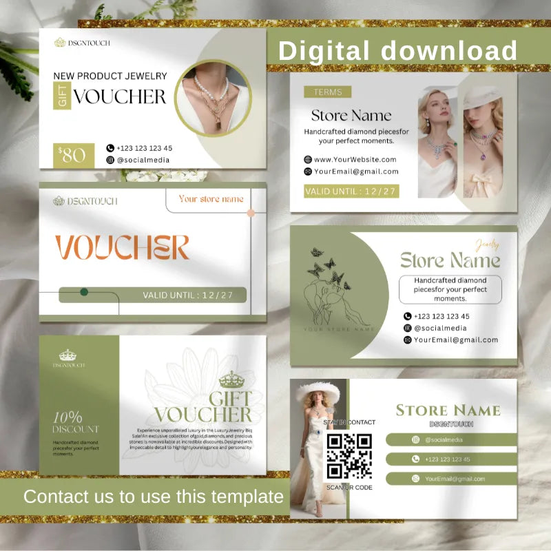 Jewelry Business Card Template showcasing digital download and customizable designs for jewelry businesses.