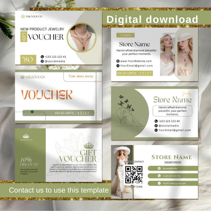 Jewelry Business Card Template showcasing digital download and customizable designs for jewelry businesses.