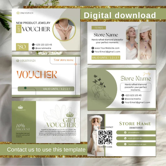 Jewelry Business Card Template showcasing digital download and customizable designs for jewelry businesses.