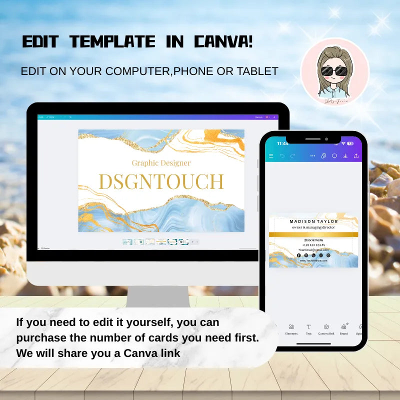Watercolor business card template shown on computer and mobile device, editable in Canva.