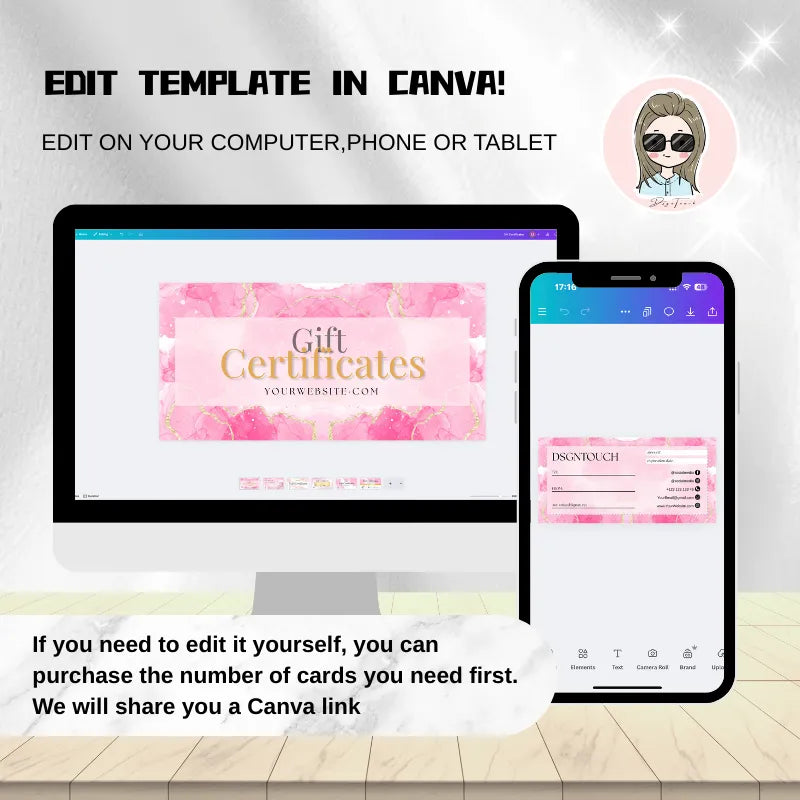 Editable printable gift certificate template displayed on computer and smartphone in Canva.