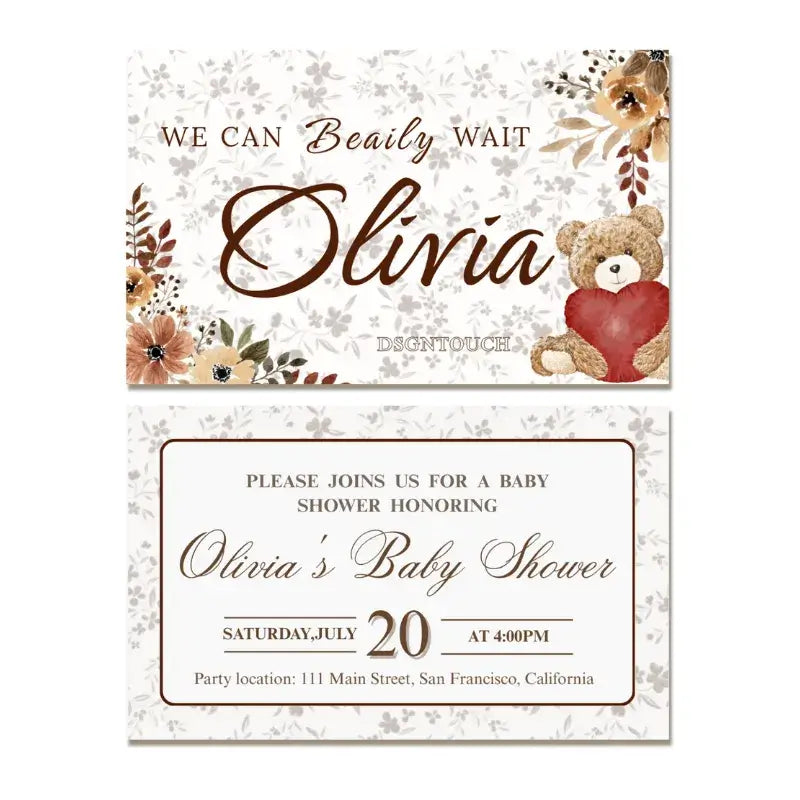 DIY Baby Shower Invitations featuring bear design, customizable, printed on 300g gloss paper, elegant floral accents.