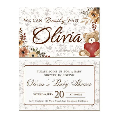 DIY Baby Shower Invitations featuring bear design, customizable, printed on 300g gloss paper, elegant floral accents.