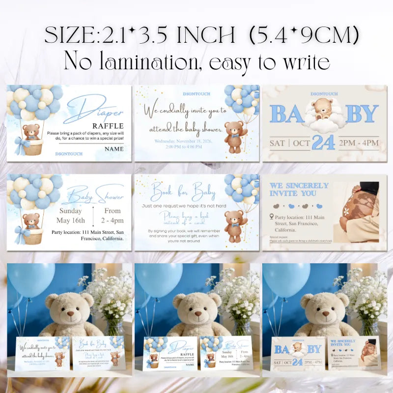Baby Shower Cards featuring cute teddy bear designs, premium quality invitations, easy to write, no lamination.