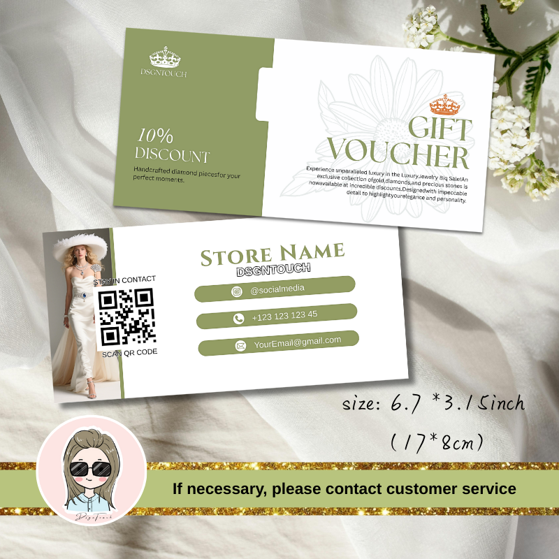 Finished printed gift voucher example with 10% discount offer and QR code space