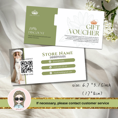 Finished printed gift voucher example with 10% discount offer and QR code space