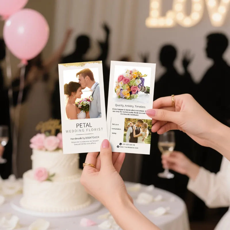 Printed wedding card featuring floral design and wedding couple, showcased at a reception by DSGNTOUCH.