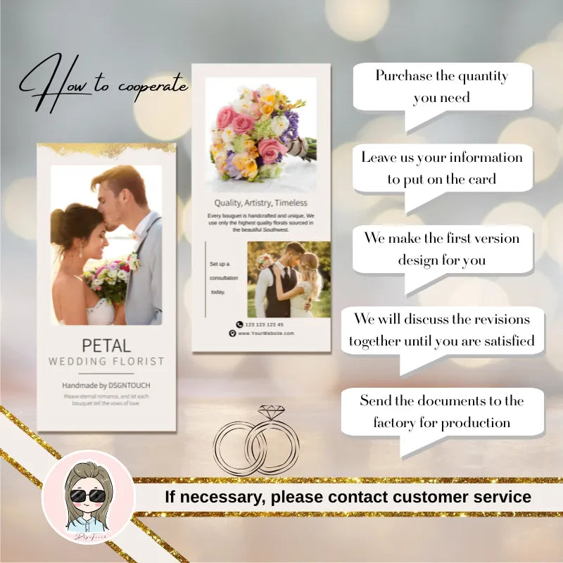 Printed wedding card design process and cooperation steps by DSGNTOUCH, featuring floral arrangements and romance.