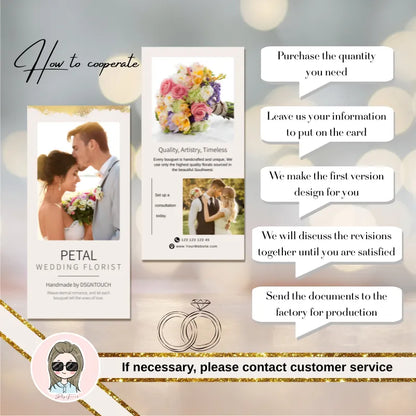 Printed wedding card design process and cooperation steps by DSGNTOUCH, featuring floral arrangements and romance.