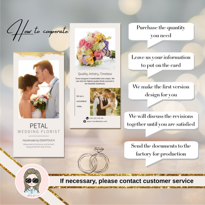 Printed wedding card design process and cooperation steps by DSGNTOUCH, featuring floral arrangements and romance.