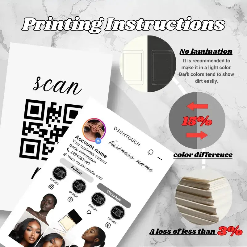 Marble Social Media Cards printing instructions with QR code and tips on color differences and lamination.