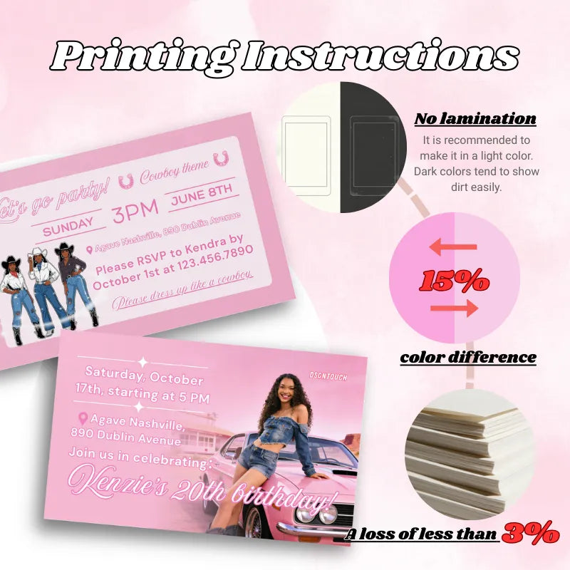 Printing guide for pink birthday cards – includes tips on colors, themes, and free design service