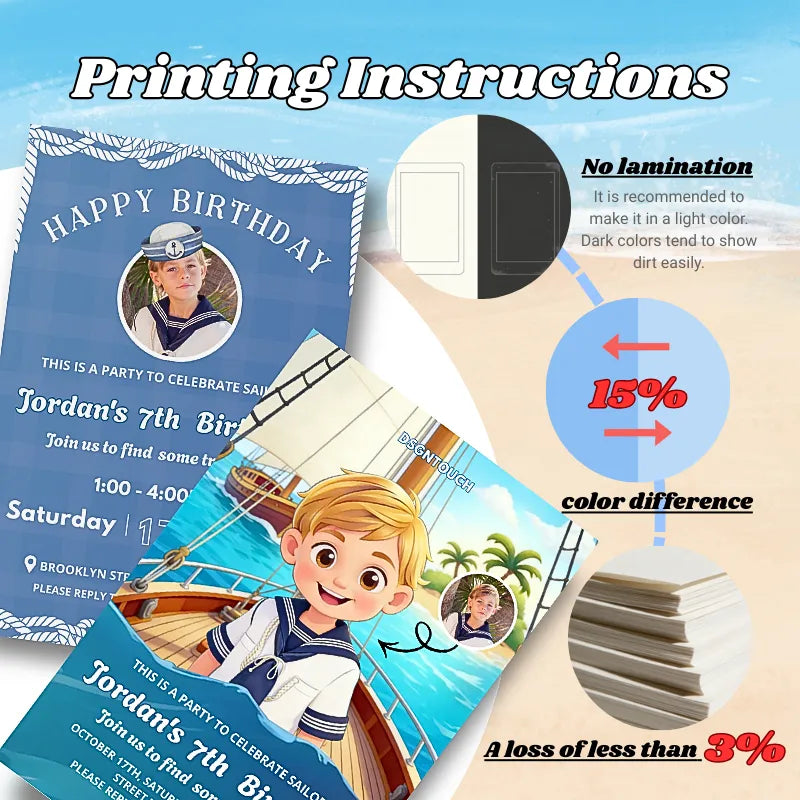 Birthday Card Kid custom nautical photo cartoon printing instructions for personalized celebration card.