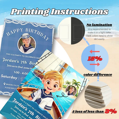 Birthday Card Kid custom nautical photo cartoon printing instructions for personalized celebration card.