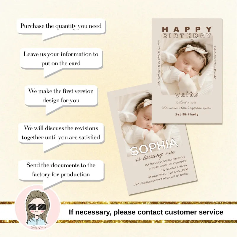 Our 6-step workflow: from free design to production for your perfect first birthday invitation card.