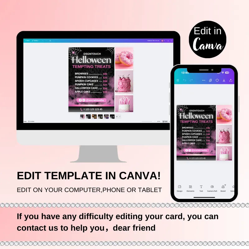 Image of Funny Halloween Cards template on computer and phone, customizable for cake shops and bakeries.